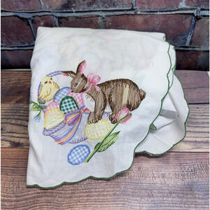 Vintage Embroidered Easter Tablecloth 78 x 60 Rabbits Chicks Eggs Basket Tulips
